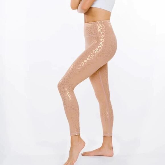 Zyia | Women’s Active Peach & Gold Metallic Leopard Print Leggings Tan Shimmer 4 - Picture 1 of 8